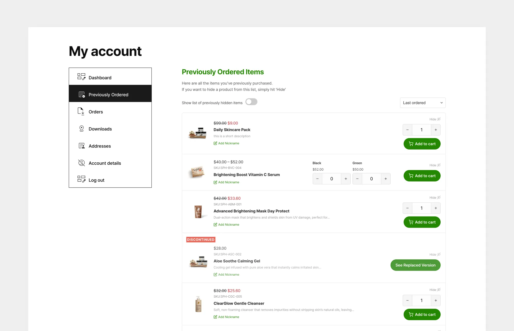 Previously Ordered Items for WooCommerce